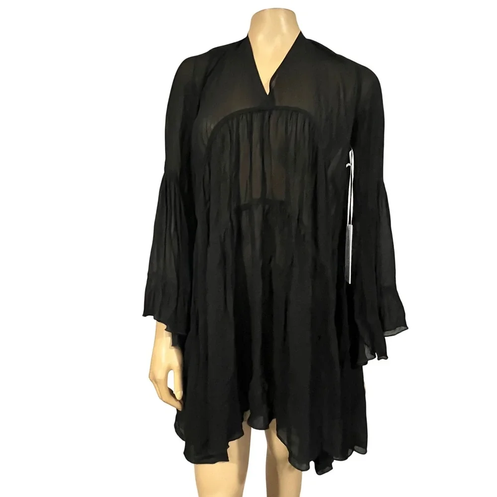 Young Fabulous Broke Black Sheer Boho Bell Sleeve Tiered Mini Dress NWT S